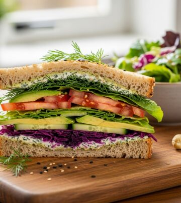 Boost your gut health with this high-fiber veggie sandwich packed with asparagus, tomatoes, artichokes, and basil pesto for a delicious daily veggie boost.